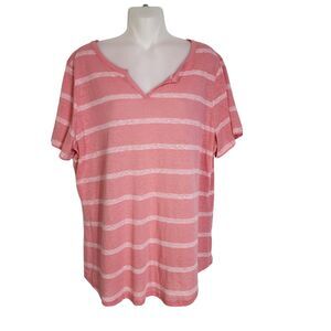 Time And Tru Womens Top Sz XL Linen Blend Pink Striped Split V Neck Short Sleeve